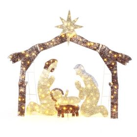 6ft Brown Roof 190LED Lights Nativity Scene Garden Jesus Decoration