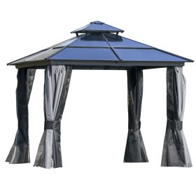 10' x 10' Hardtop Gazebo Canopy with Polycarbonate Double Roof, Aluminum Frame, Permanent Pavilion Outdoor Gazebo with Netting and Curtains for P