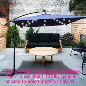 Square 2.5X2.5M Outdoor Patio Umbrella Solar Powered LED Lighted Sun Shade Market Waterproof 8 Ribs Umbrella with Crank and Cross Base for Garden