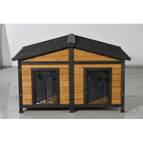 Large Outdoor Wooden Dog House With Dual Doors, Waterproof Asphalt Roof  Lift-Up Top, Fir Wood Dog Shelter For Medium To Large Dogs Black  Natura (Color: Yellow)