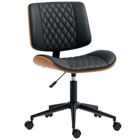 Home Office Chair No Arms With Wheels, PU Leather Desk Chair With Adjustable Height, 360 Swivel For Reading, Black (Color: Black)