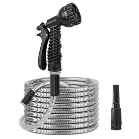 25FT/50FT/100FT Heavy Duty Stainless Steel Garden Hose Garden Watering Kit Metal Water Hose with 2 Nozzles 12 Patterns Flexible Extendable Kink T (Length: 50ft)