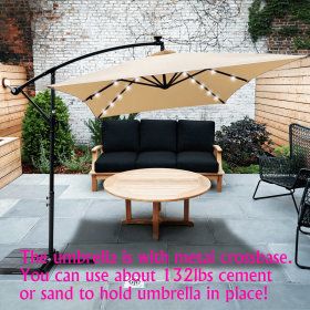 Rectangle 2x3M Outdoor Patio Umbrella Solar Powered LED Lighted Sun Shade Market Waterproof 6 Ribs Umbrella with Crank and Cross Base for Garden (Main Color: Tan, Main Material: Fabric+Metal)